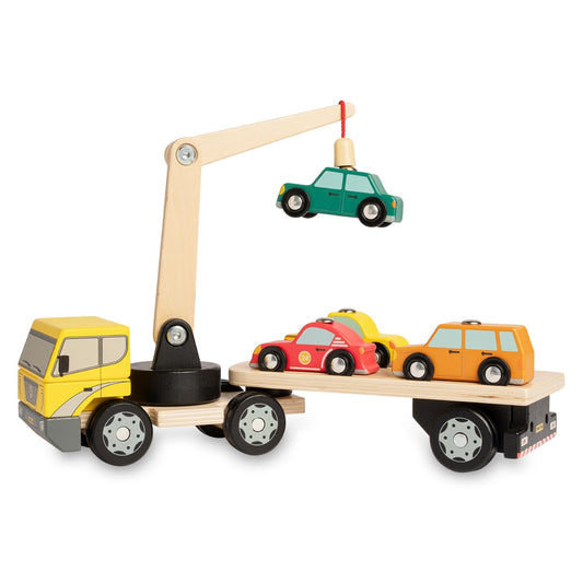 Nene Toys wooden car transporter with crane & 4 magnet cars - magnetic toy for kids aged 2 years & up - Montessori wooden toy & learning game with vehicles - gift for boys girls 2-3 years