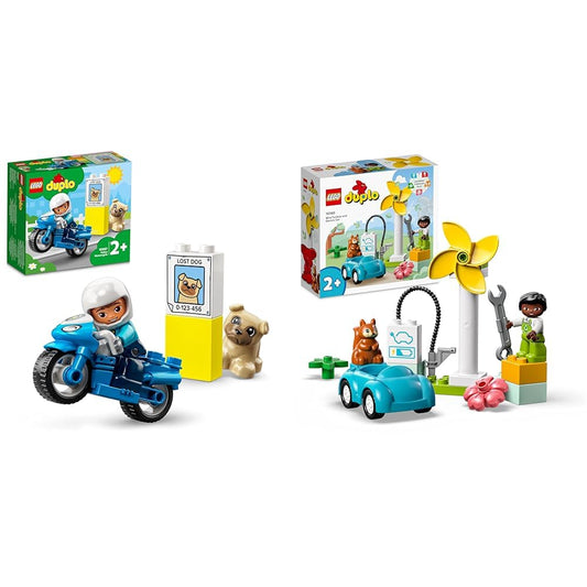 LEGO DUPLO Police motorcycle, police toy for toddlers aged 2 years & DUPLO Town windmill and electric car, toy car learning toy
