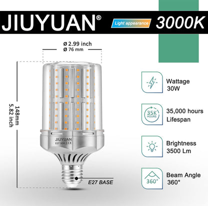 JIUYUAN LED lamps E27 30W Warm White E27 LED Bulb 3000K 3500LM Replacement 250W Incandescent Bulb LED E27 Corn Bulbs Non-Dimmable E27 LED Warm White 2 Pack