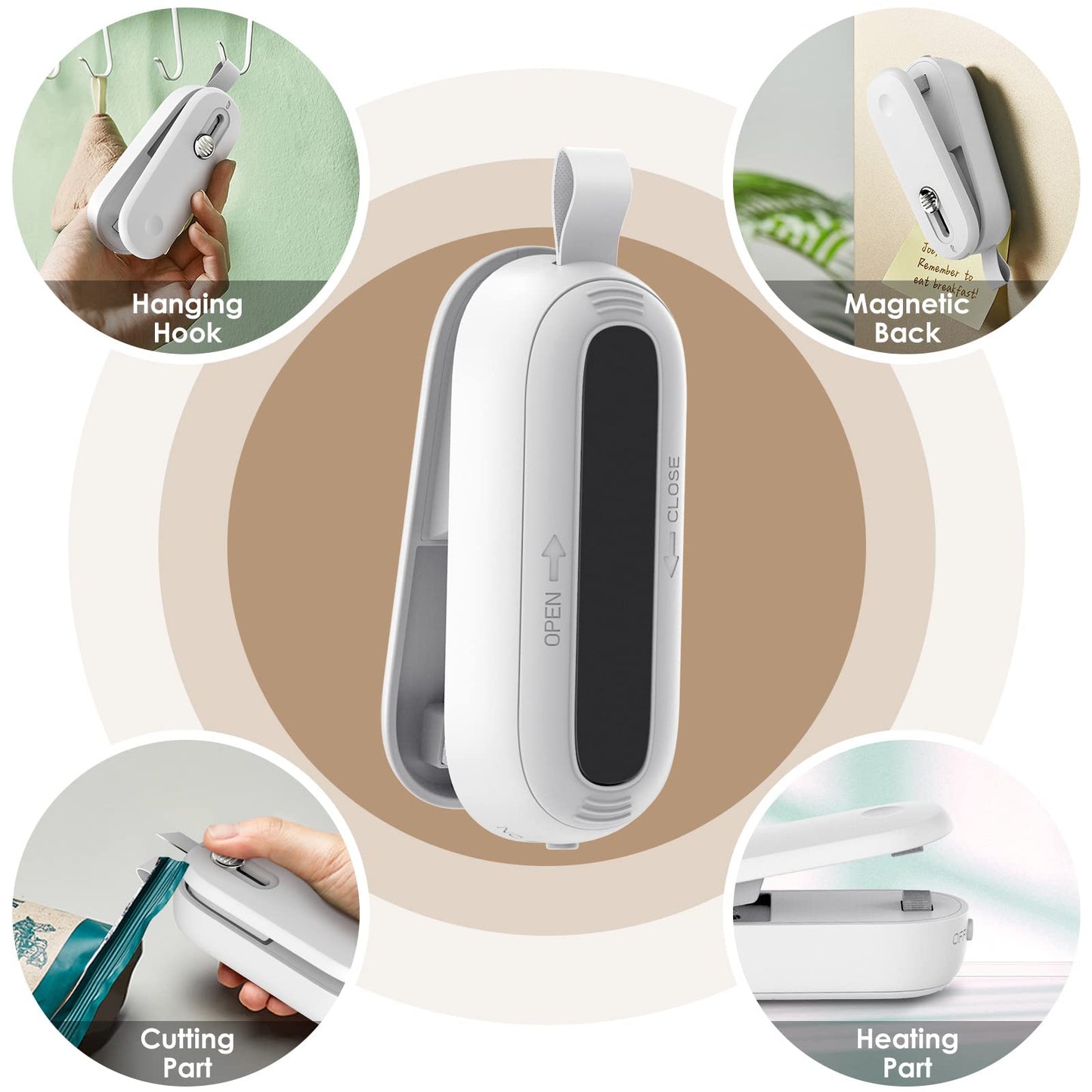 ODSD Mini Heat Sealer, 2 in 1 Bag Sealer with Cutter Sealing Machine Hand Sealing Device for Plastic Bags Pouch Chip Bags Food Storage Snack (White)