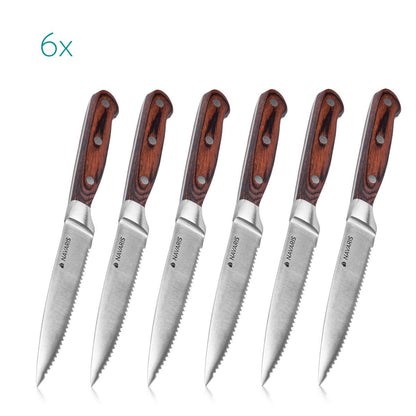 Navaris 6x Steak Knife Set with Wood Handle - Cutlery Knife 6-piece Set - Cutlery Set made of Stainless Steel and Wood with Gift Box - Serrated Edge Steak Cutlery