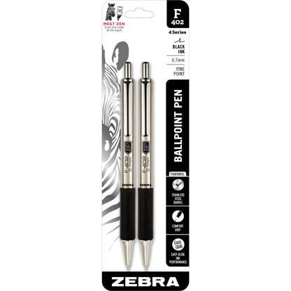 Zebra Pen F-402 Retractable Ballpoint Pen, Stainless Steel Barrel, Fine Point, 0.7mm, Black Ink, 2 Pack