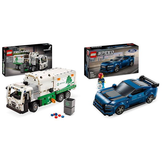 LEGO Technic Mack LR Electric garbage truck, garbage truck model & Speed Champions Ford Mustang Dark Horse sports car, car toy
