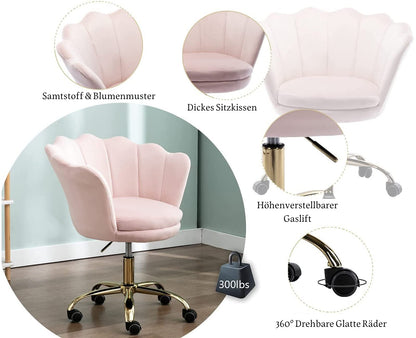 Wahson velvet swivel chair, height-adjustable, armless, with gold base, desk chair for bedroom/vanity, light pink, velvet.