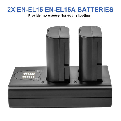 2X EN-EL15 EN-EL15A Battery Replacement Compatible with Nikon d750 d7200 d7100 d800 d850 d810 d610 d500 and More