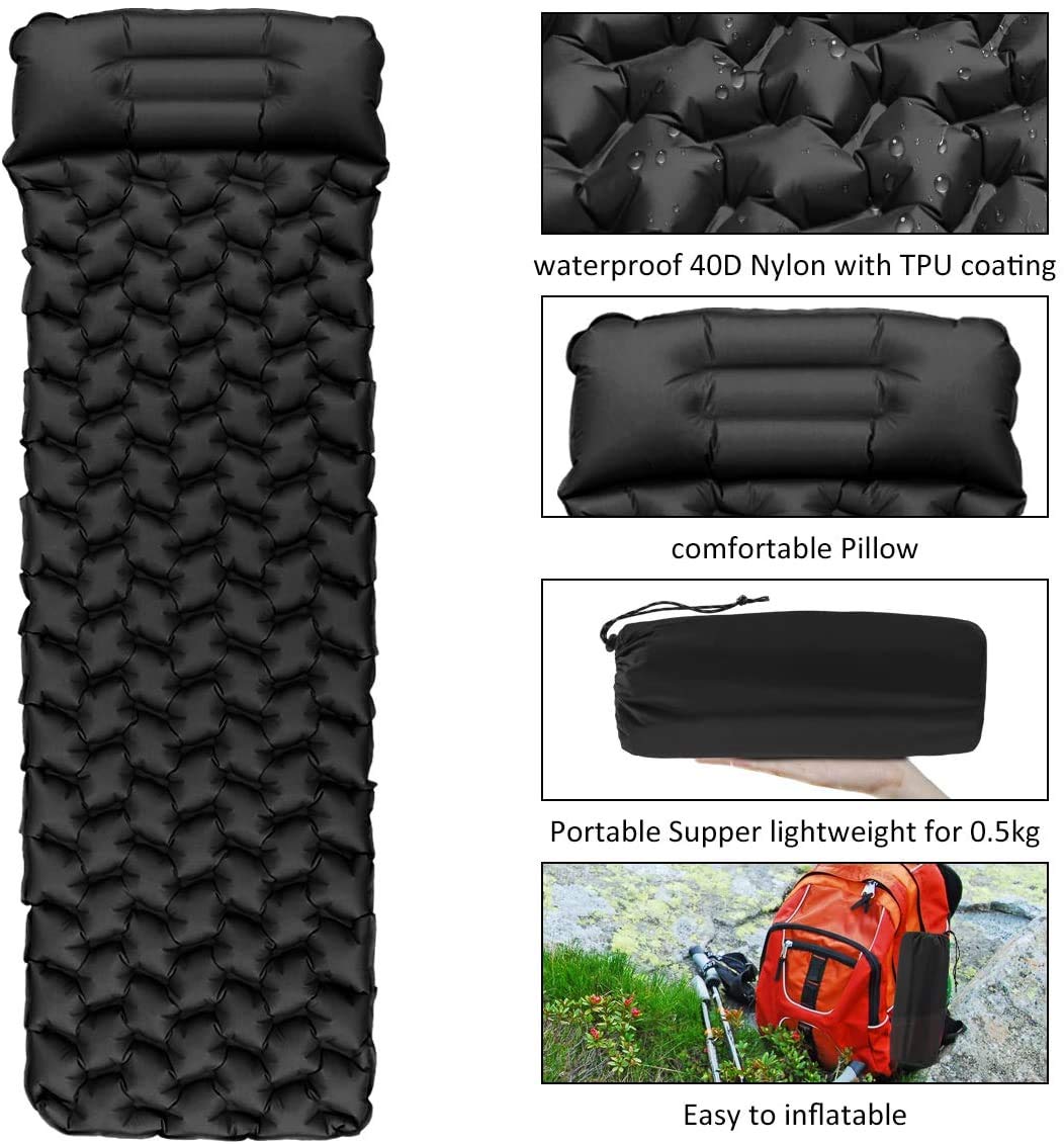 Sundom sleeping pad for camping, ultralight inflatable sleeping pad with pillow, waterproof and moisture-resistant camping air mattress, for camping hiking traveling backpacking black