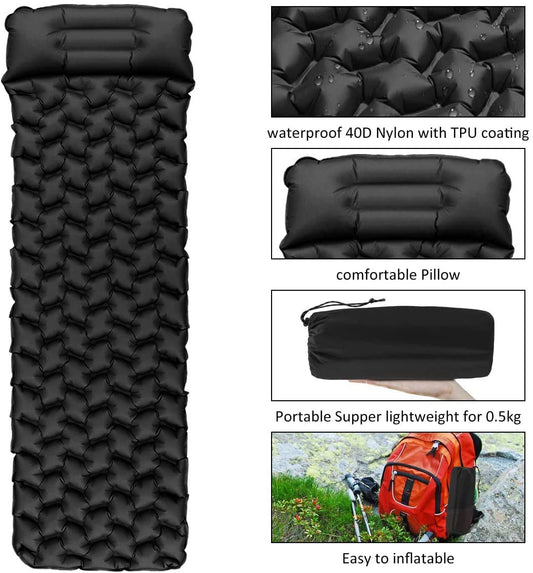 Sundom sleeping pad for camping, ultralight inflatable sleeping pad with pillow, waterproof and moisture-resistant camping air mattress, for camping hiking traveling backpacking black
