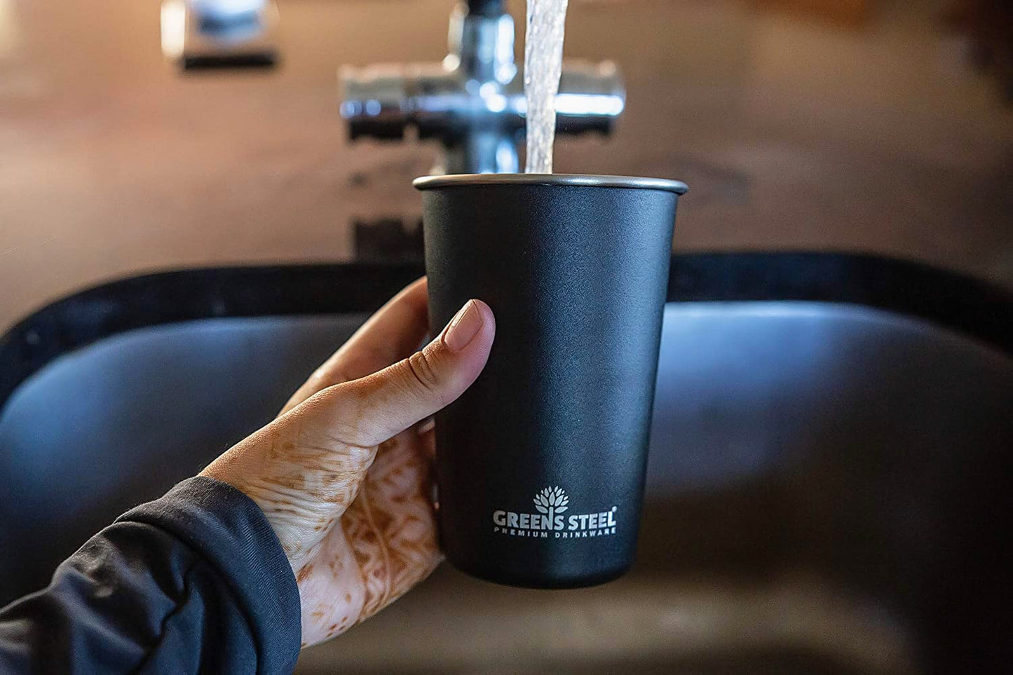 Greens Steel Stainless Steel Tumbler - Set of 4, Black, 16oz I Single-walled, stackable & reusable drinking cup set I Scratch-resistant, non-slip, colorfast & BPA-free I Ideal for travel & camping