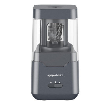Amazon Basics Portable Electric Pencil Sharpener, spiral blade, automatic stop, battery/USB-powered, Black, 7.1 x 7.1 x 13.46 cm