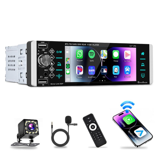 Podofo car stereo 1Din Carplay Android Auto Bluetooth Radio with 5.1'' IPS screen 2 USB/microphone/AUX/FM steering wheel control Mirror Link with rear view camera