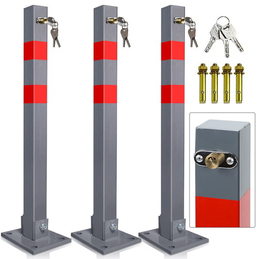 Jopassy 3* parking bollard barrier with 3 keys, steel foldable parking lock with reflective strips, sturdy base barrier post set.