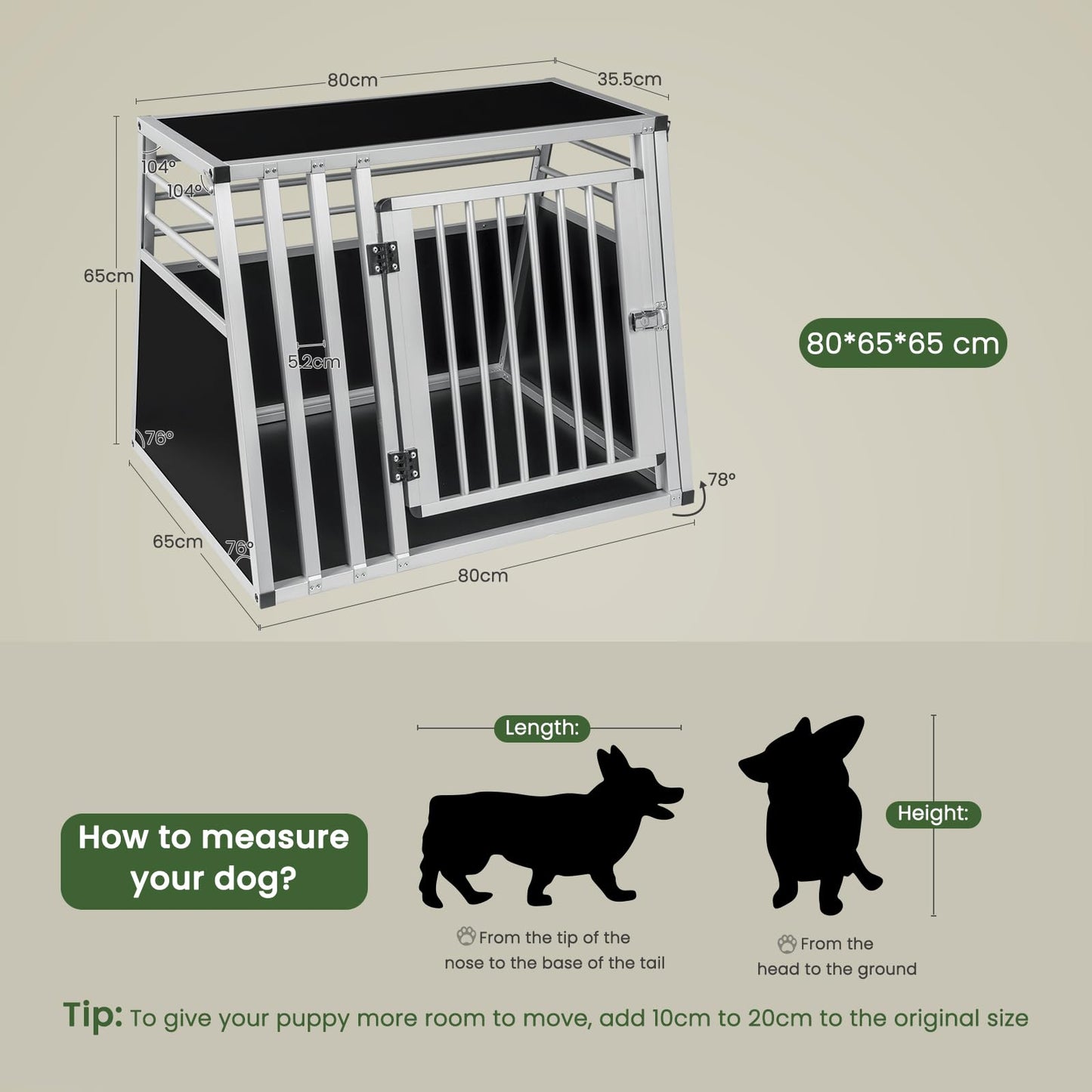 EUGAD Dog Transport Box Aluminum, Trunk Transport Box for Large/Medium Dog Cat 80x65x65cm, Car Transport Boxes Car Dog Box Home Travel, Easy to Clean and Stable