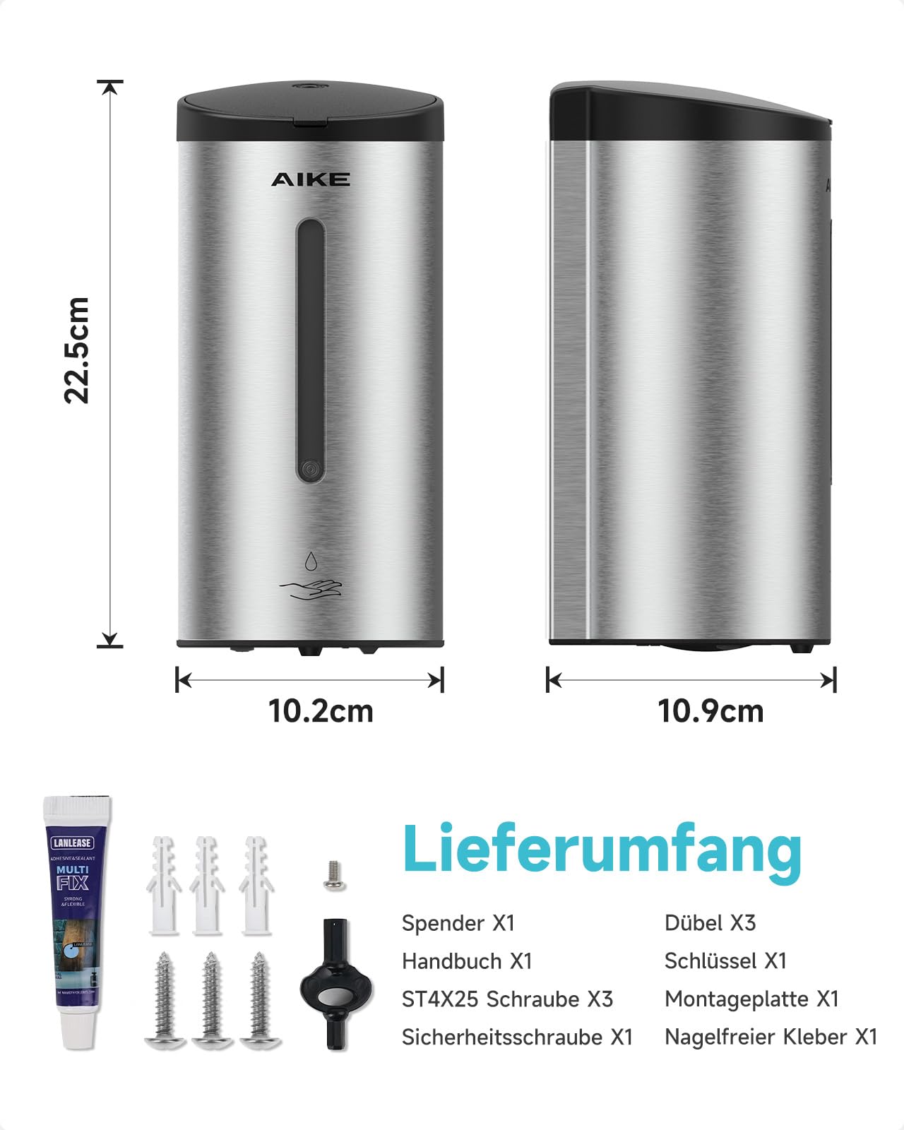 AIKE AK1205E Automatic Soap Dispenser Wall Mount, Commercial Large Capacity Stainless Steel Liquid Dispenser for Dining Room and Restroom.