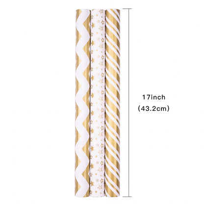 RUSPEPA Gift Wrap Roll - Mini Roll - 43.2 cm x 3.05 m per roll - 3 Different Gold Print Designs (42.5 Sq.Ft. Total)