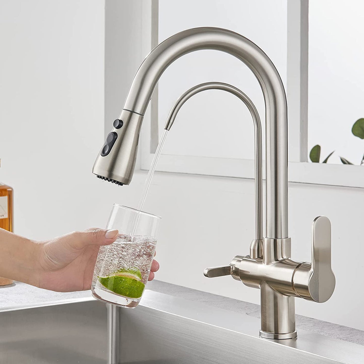 KEOKBON Kitchen Faucet with Drinking Water Faucet, 3-Way Kitchen Tap with High Arc, 3 in 1 Mixer Tap for Sink, Cold and Hot (Brushed Nickel)