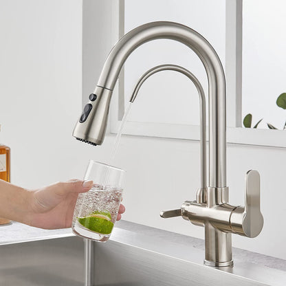 KEOKBON Kitchen Faucet with Drinking Water Faucet, 3-Way Kitchen Tap with High Arc, 3 in 1 Mixer Tap for Sink, Cold and Hot (Brushed Nickel)