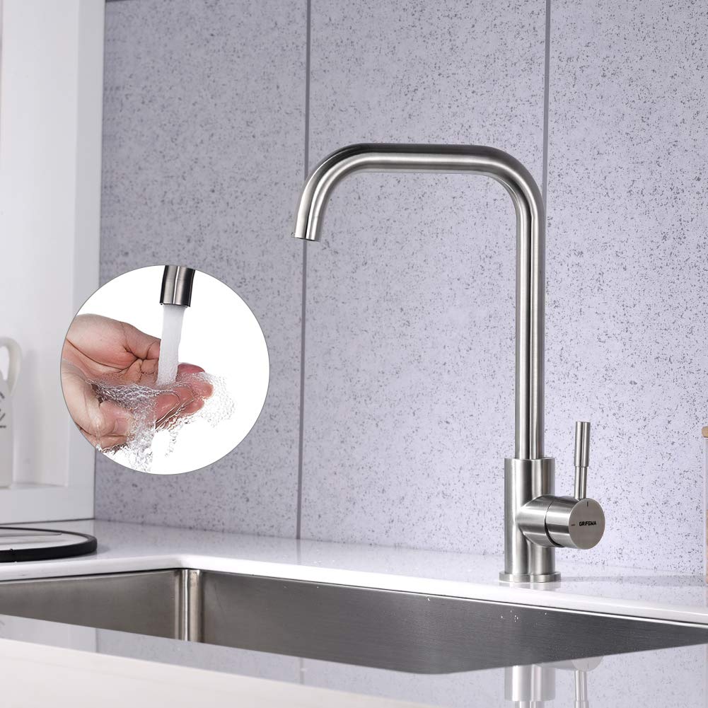 GRIFEMA kitchen faucet mixer 360° rotation - stainless steel kitchen faucet with high spout (271mm), sink mixer tap with G3/8'' connections, faucet with water column mode, brushed.