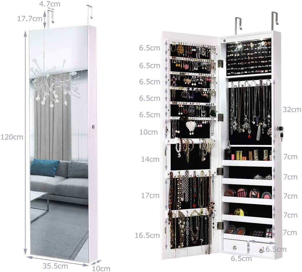 RELAX4LIFE Hanging Jewelry Cabinet, Mirror Cabinet with LED Lighting & Mirror & Lock, Jewelry Organizer for Earring & Bracelet & Necklace & Ring & Cosmetics, Door & Wall Mount, 120x35.5x10cm (White)