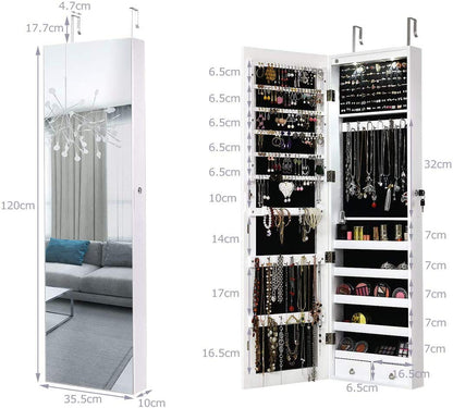 RELAX4LIFE Hanging Jewelry Cabinet, Mirror Cabinet with LED Lighting & Mirror & Lock, Jewelry Organizer for Earring & Bracelet & Necklace & Ring & Cosmetics, Door & Wall Mount, 120x35.5x10cm (White)