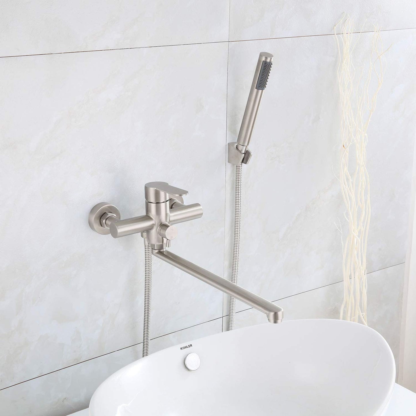 HomeLava bathtub faucet with handheld shower Round single-handle tub faucet bath faucet with shower set shower faucet fixture for shower tub bathroom sink, brushed stainless steel