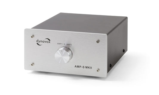 Dynavox AMP-S MKII, amplifier and speaker switcher in metal housing, for stereo and surround amplifiers, connection via banana plugs or clamp terminals, silver.