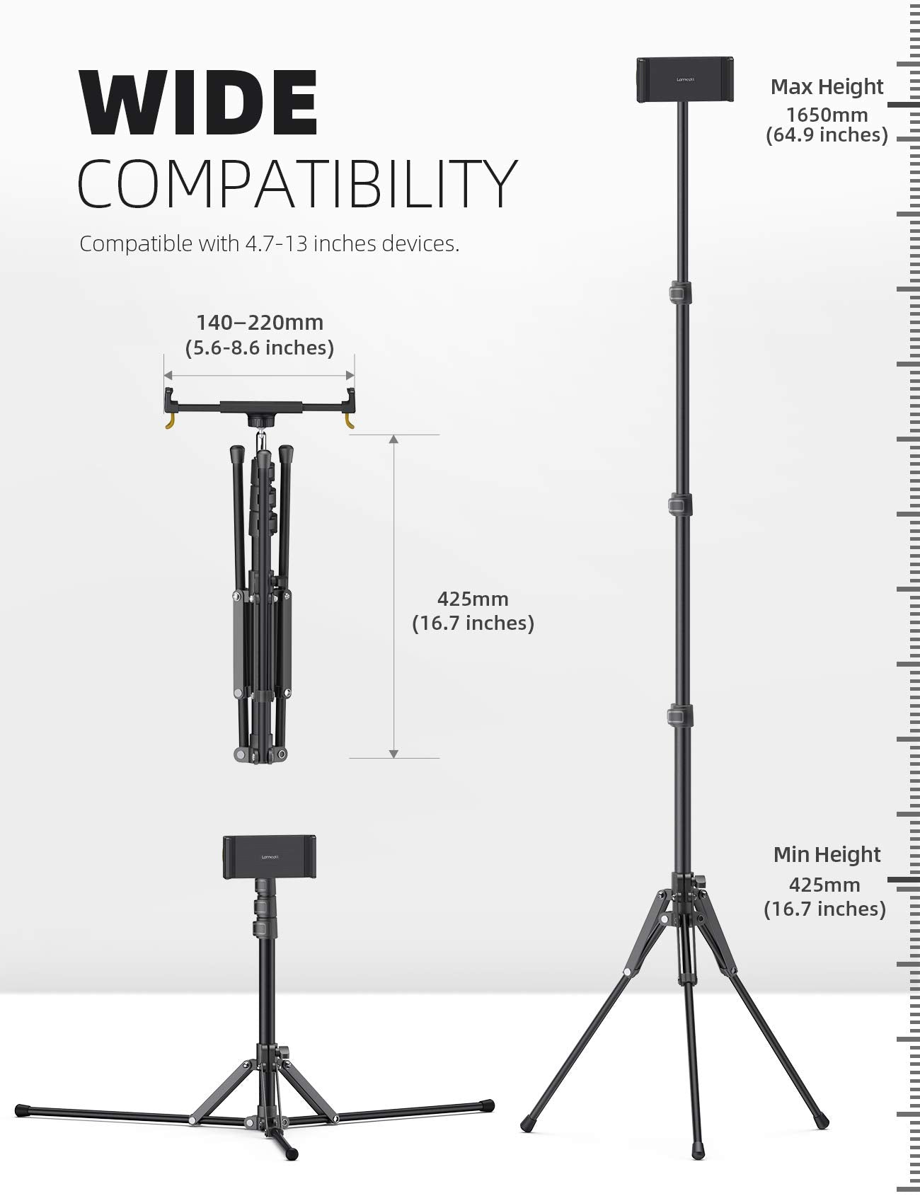 Lamicall Tablet Stand Holder, Tablet Stand - Adjustable up to 65" Stand for 2025 iPad Air Mini 7 6 5 4 3 2, iPad Pro 9.7, 10.5,12.9, Tab, iPhone and Smartphone with 4.7-13 inch.