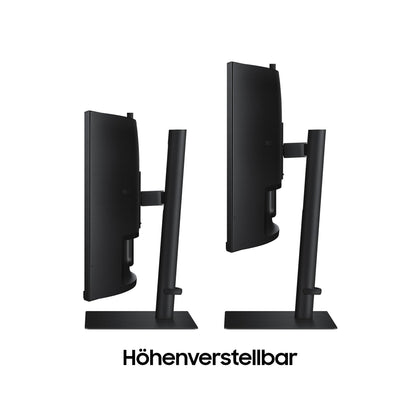 Samsung ViewFinity S65VC Curved Monitor 34-inch with speakers and webcam, VA panel, 3440 x 1440 resolution, 100Hz refresh rate, 5ms response time, 90W charging via USB-C, pivot feature.