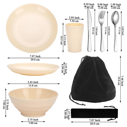 Kyraton Camping Cutlery Set, reusable Lightweight Cup, Bowls, Plates and Stainless Steel Cutlery with black pouch, dishwasher safe.