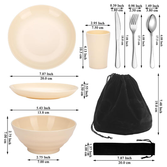 Kyraton Camping Cutlery Set, reusable Lightweight Cup, Bowls, Plates and Stainless Steel Cutlery with black pouch, dishwasher safe.