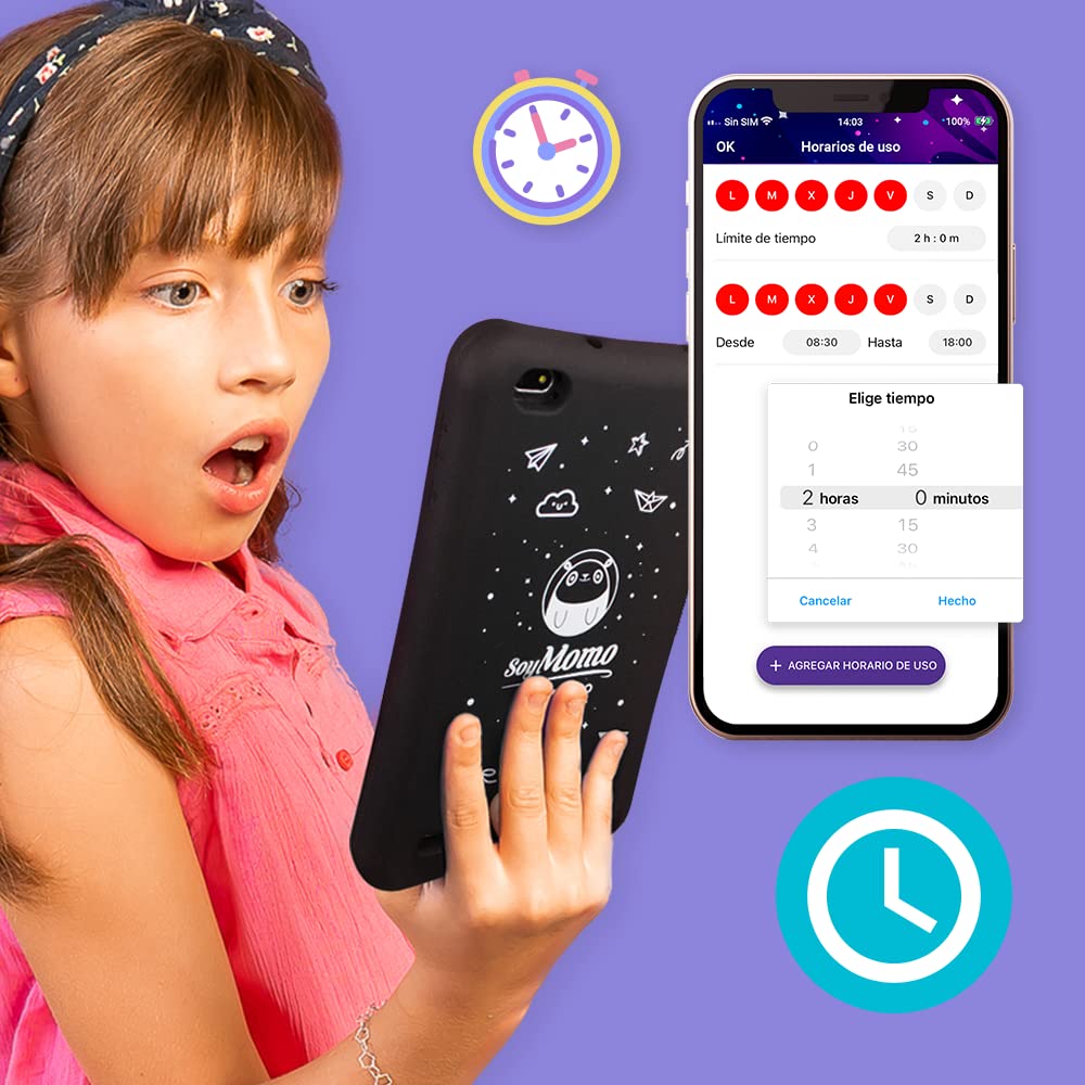 SoyMomo - Children's tablet - Parental control and cyberbullying detection, Google Play Store, School mode, Pink silicone protective case, 8" FHD, 32 GB, WiFi, Bluetooth.