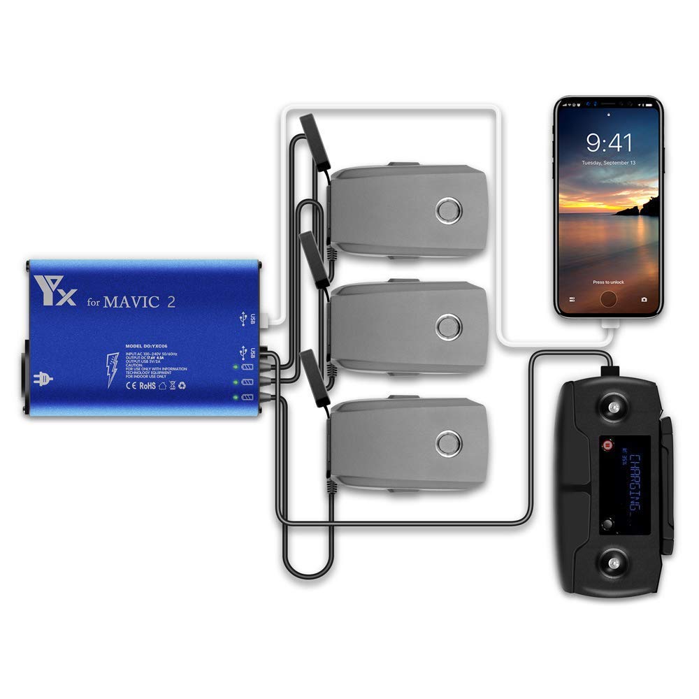 Yangers DJI Mavic 2 Zoom / 2 Pro/Mavic Enterprise Multi Charger, Parallel Charging Hub, Smart Rapid Balance Dock Station for 3 Flight Batteries, Remote Control for Smartphone Tablet.