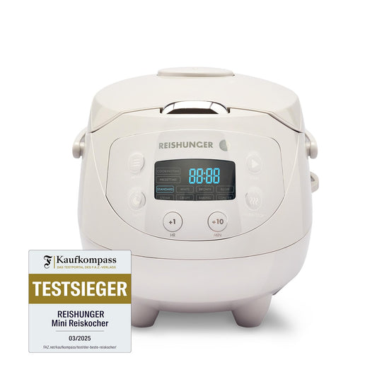 REISHUNGER Digital Rice Cooker small, gray | 0.6 L up to 3 people | Keep warm function, timer & premium pot | Small multicooker & steamer, 8 programs, 7-phase technology.