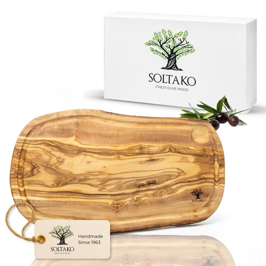 SOLTAKO Olive Wood Steak Board, Large Cheese Board, Handmade Serving Plate, Wooden Charcuterie Board, Rustic Cutting Board with Juice Groove, Kitchen Accessory (1, 15-17 Inches)