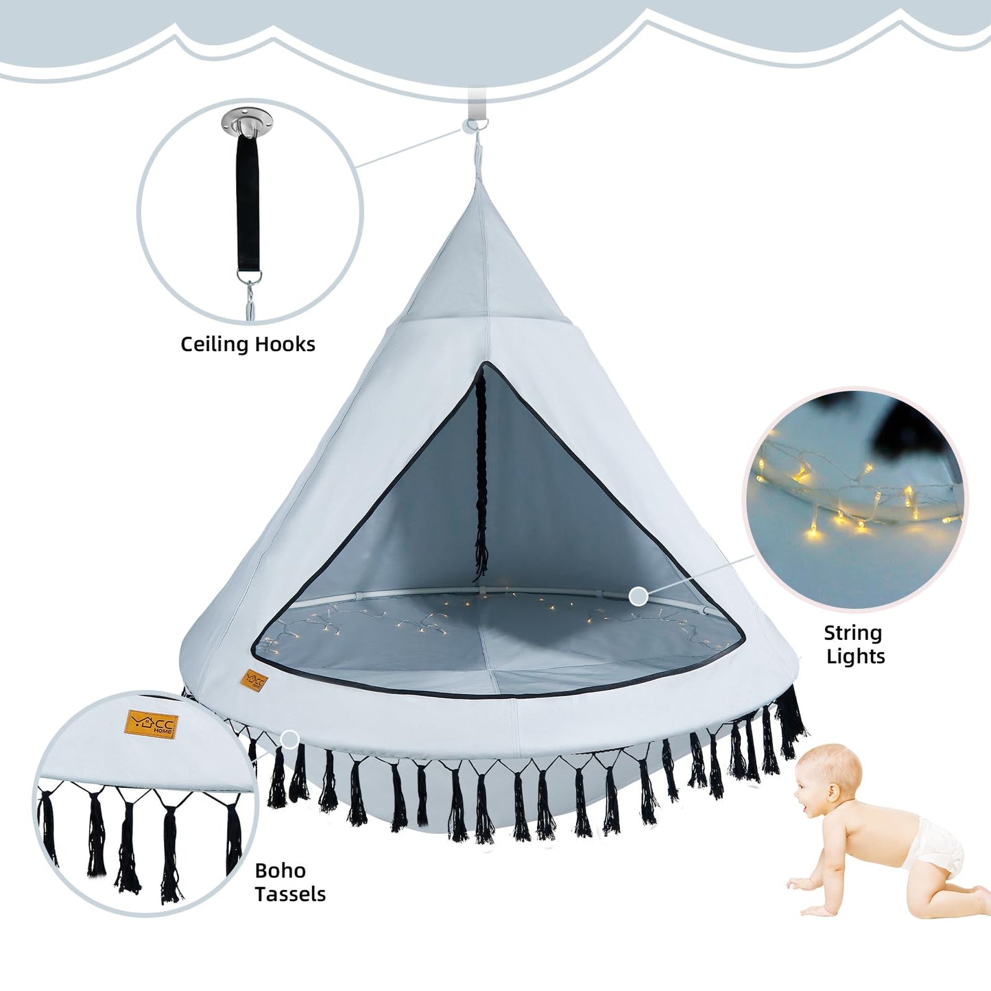 CCLIFE Nest Swing with Tent Ø 120 cm Swing Indoor & Outdoor Hanging Cave Hanging tent for Kids & Adults Max. 120kg in Grey