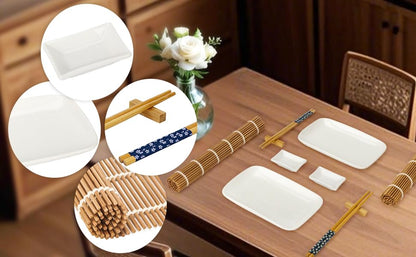 Exact EX-SG 10 Piece Sushi Set - 2 x Sushi Plates, 2 x Dip Bowls, 2 x Bamboo Sushi Rolling Mats, 2 x Bamboo Chopstick Rests, 2 Chopstick Sets - Beautifully presented in a gift box.