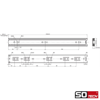 SOTECH 4 pairs (8 pieces) full extension slides KV1-45-H45-L450-NF 450mm (retracted) drawer slides ball bearing load capacity 45 kg