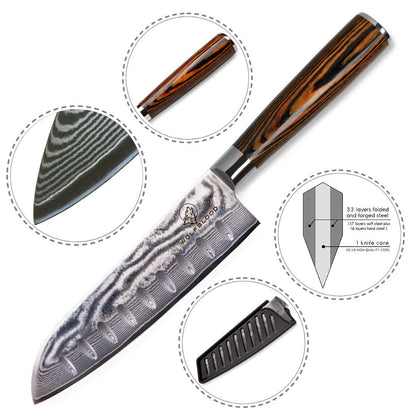 Wolfblood Damascus Santoku Knife XL (30cm) Professional chef's knife made of authentic 67 layer Damascus steel. Damascus kitchen knife with wooden handle. Comes in a gift box with blade guard.