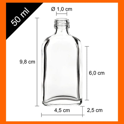 gouveo 80s set glass bottles 50 ml Dana with screw cap silver - mini bottle 0.05 l for filling - glass bottle for liqueur, whisky, schnapps for birthday, wedding (MFD050S)