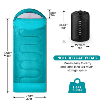Coolzon sleeping bag for outdoor camping 3-4 seasons, adult rectangular sleeping bag compact ultralight carry bag, soft thick and warm for outdoor camping, travel, hiking, blue
