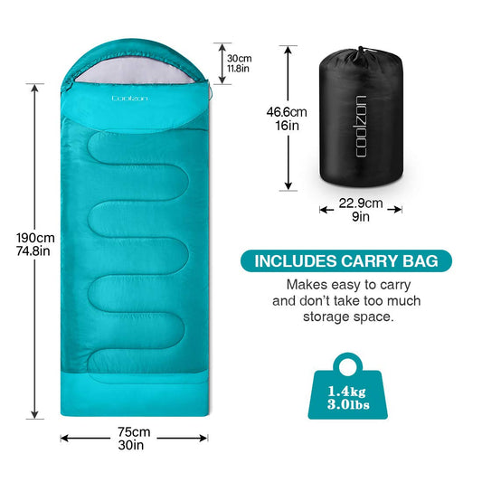 Coolzon sleeping bag for outdoor camping 3-4 seasons, adult rectangular sleeping bag compact ultralight carry bag, soft thick and warm for outdoor camping, travel, hiking, blue