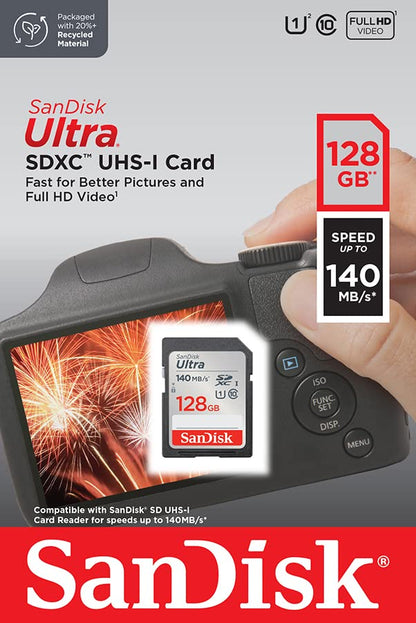 SanDisk Ultra SDXC UHS-I Memory Card 128GB (For entry-level and mid-range compact cameras, Full HD videos, U1, C10, V10, up to 140MB/s read speed, 10-year warranty)