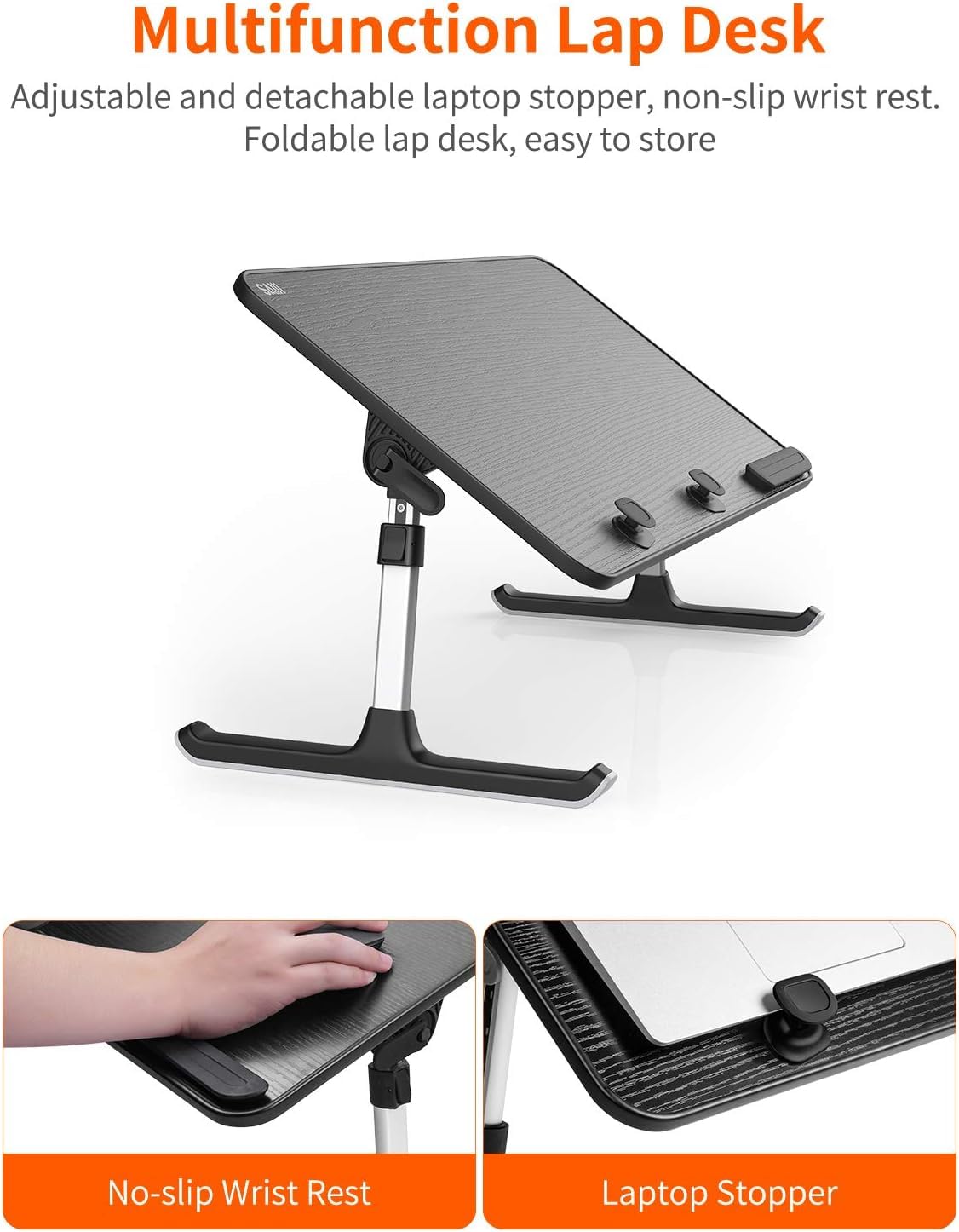 Table, Bed Table, SAIJI Laptop Stand, Breakfast Tray, 5 Heights, 4 Angles, Stable Folding Table for Bed Sofa Desk, Up to 17'' Laptop (60 * 33cm Black)