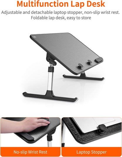 Table, Bed Table, SAIJI Laptop Stand, Breakfast Tray, 5 Heights, 4 Angles, Stable Folding Table for Bed Sofa Desk, Up to 17'' Laptop (60 * 33cm Black)