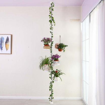 BAOYOUNI 5-Tier Telescopic Plant Stand Flower Shelf Rack Metal Tension Pole Adjustable Height 175-235 cm or 230-290 cm for Indoor, Balcony, Living Room, Ivory