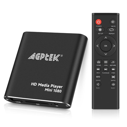 AGPTEK Mini 1080P Full HD Digital Media Player with remote control for MP3, WMA, OGG, AAC, FLAC, APE, AC3, DTS, ATRA - Supports HDMI CVBS & YPbPr video output (Black).