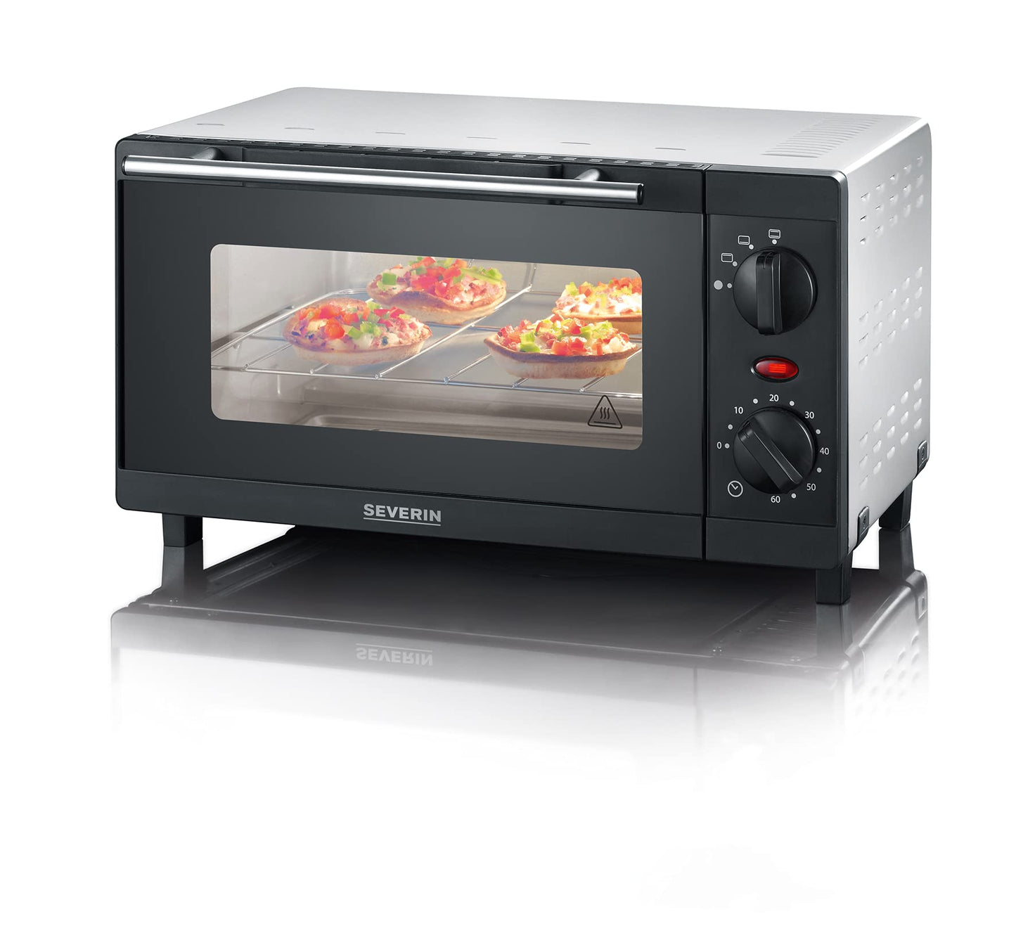 SEVERIN Mini Baking and Toast Oven, compact oven with grill rack and baking tray, with upper and lower heat, 800W, 9 L, silver/black, TO 2052