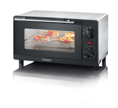 SEVERIN Mini Baking and Toast Oven, compact oven with grill rack and baking tray, with upper and lower heat, 800W, 9 L, silver/black, TO 2052