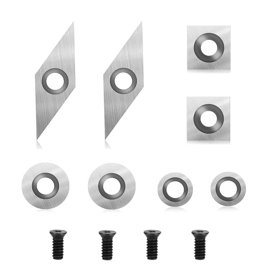 Carbide insert set for turning tools, 8 pieces CNC carbide insert cutter for wood lathe tool with M4 screws, carbide inserts (square, round, diamond)