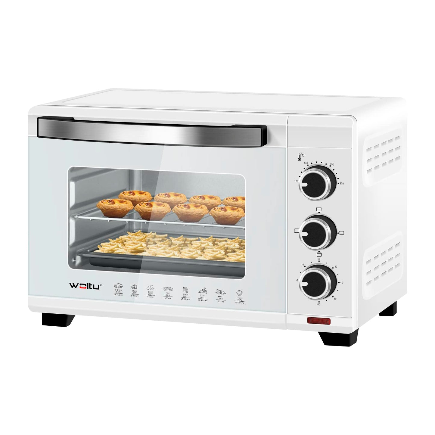 WOLTU Mini oven 21 L, electric mini oven, toaster oven, pizza oven, 1280 W, 100-230 °C, timer 60 min., top/bottom heat, double glazing, white