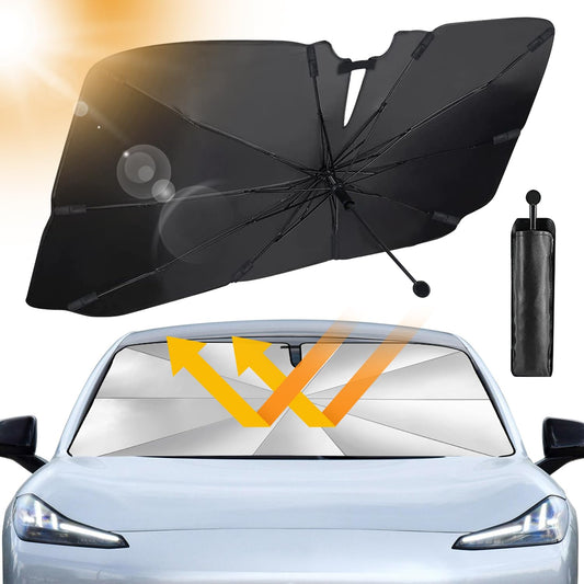 JelKen Car Sunshade Windshield, 2025 Upgrade - 360° Rotatable Handle | Carbon Fiber Skeleton | Effective UV Protection & Heat Insulation | Universal Fit for Most Vehicles, 140x79 cm